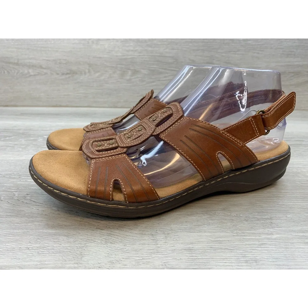 Clarks Women's Leisa Vine Tan Leather Strappy Sandals 9.5 Comfort Casual Shoes